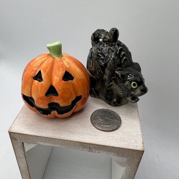 Fritz & Floyd Halloween Cat Pumpkin Salt And Pepper Shakers - Picture 1 of 10